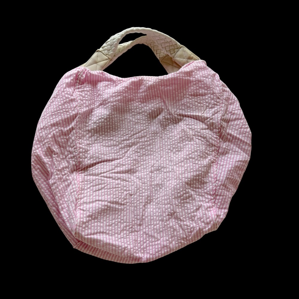 Bath & Body Works Pink White Seersucker Tote Bag Braided Handle Hobo Beach Bag